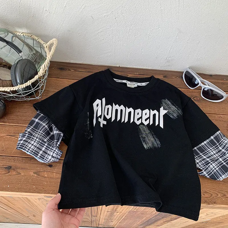 Boys Plaid T-Shirt Romneet Medium Large Black - Image 2