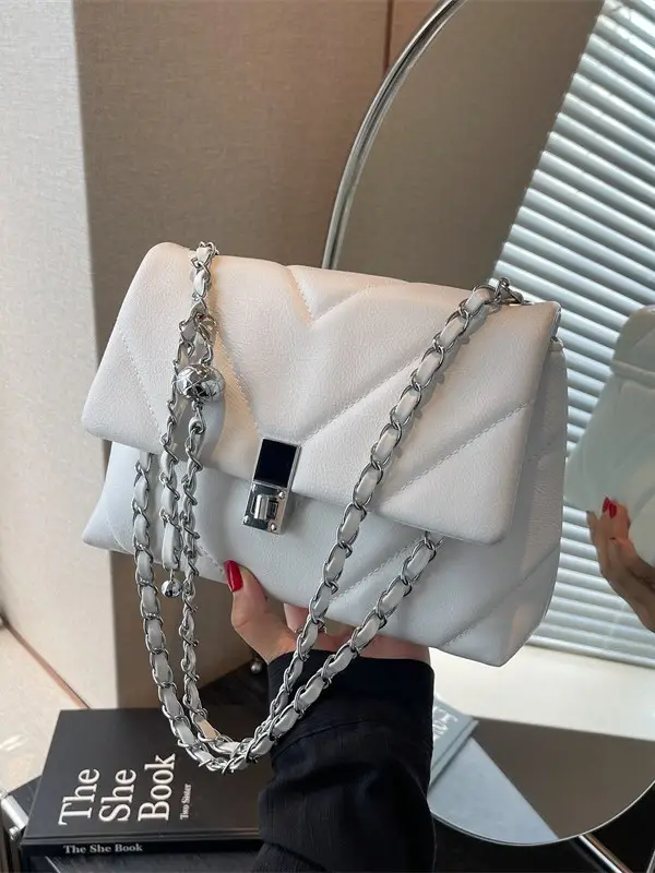 White Quilted Chain Commuter Bag for Women - Image 4