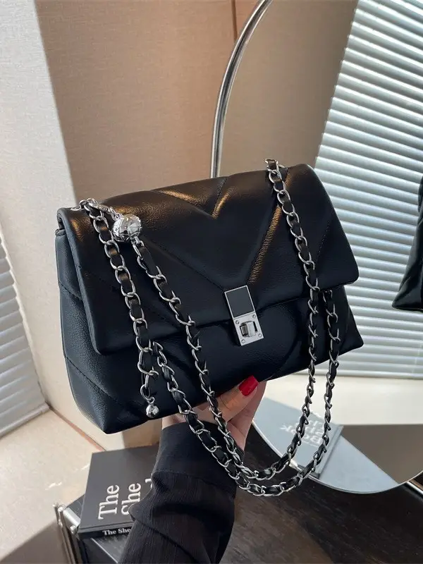 White Quilted Chain Commuter Bag for Women - Image 5