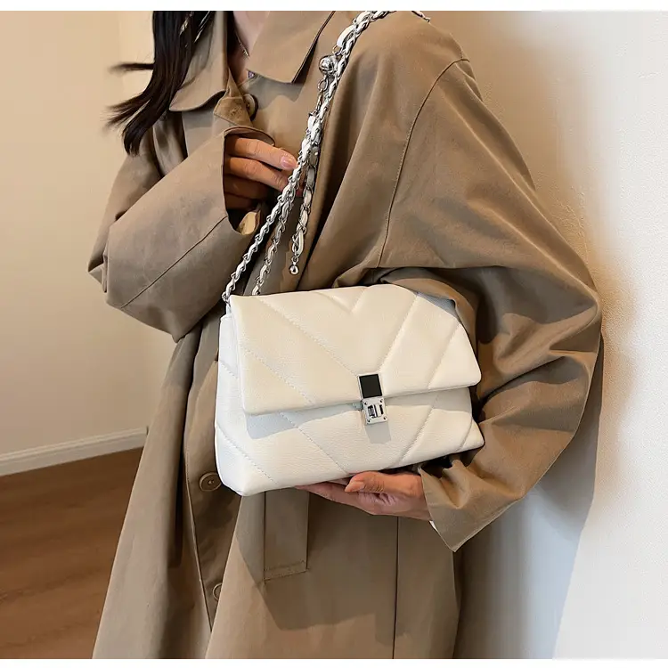 White Quilted Chain Commuter Bag for Women — feature 13