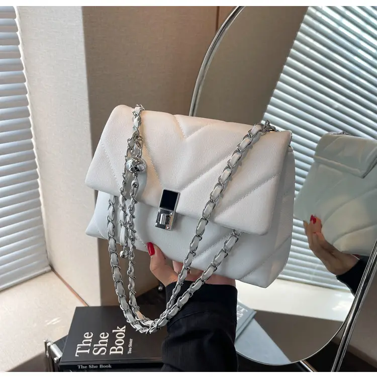 White Quilted Chain Commuter Bag for Women — feature 23