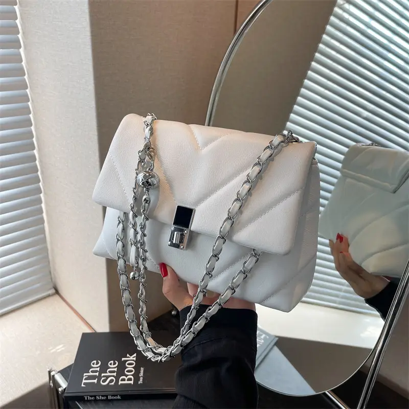 White Quilted Chain Commuter Bag for Women - Image 2