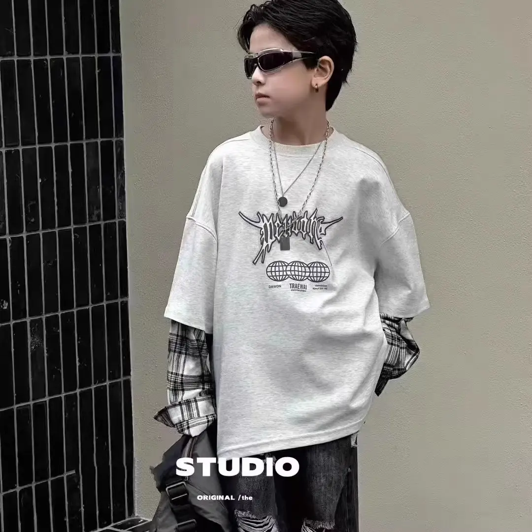 Boys Long Sleeve T-Shirt Grey Hip Hop Print - Image 5