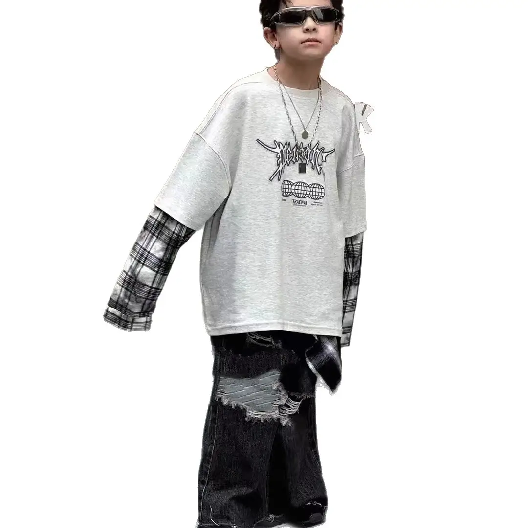 Boys Long Sleeve T-Shirt Grey Hip Hop Print - Image 8