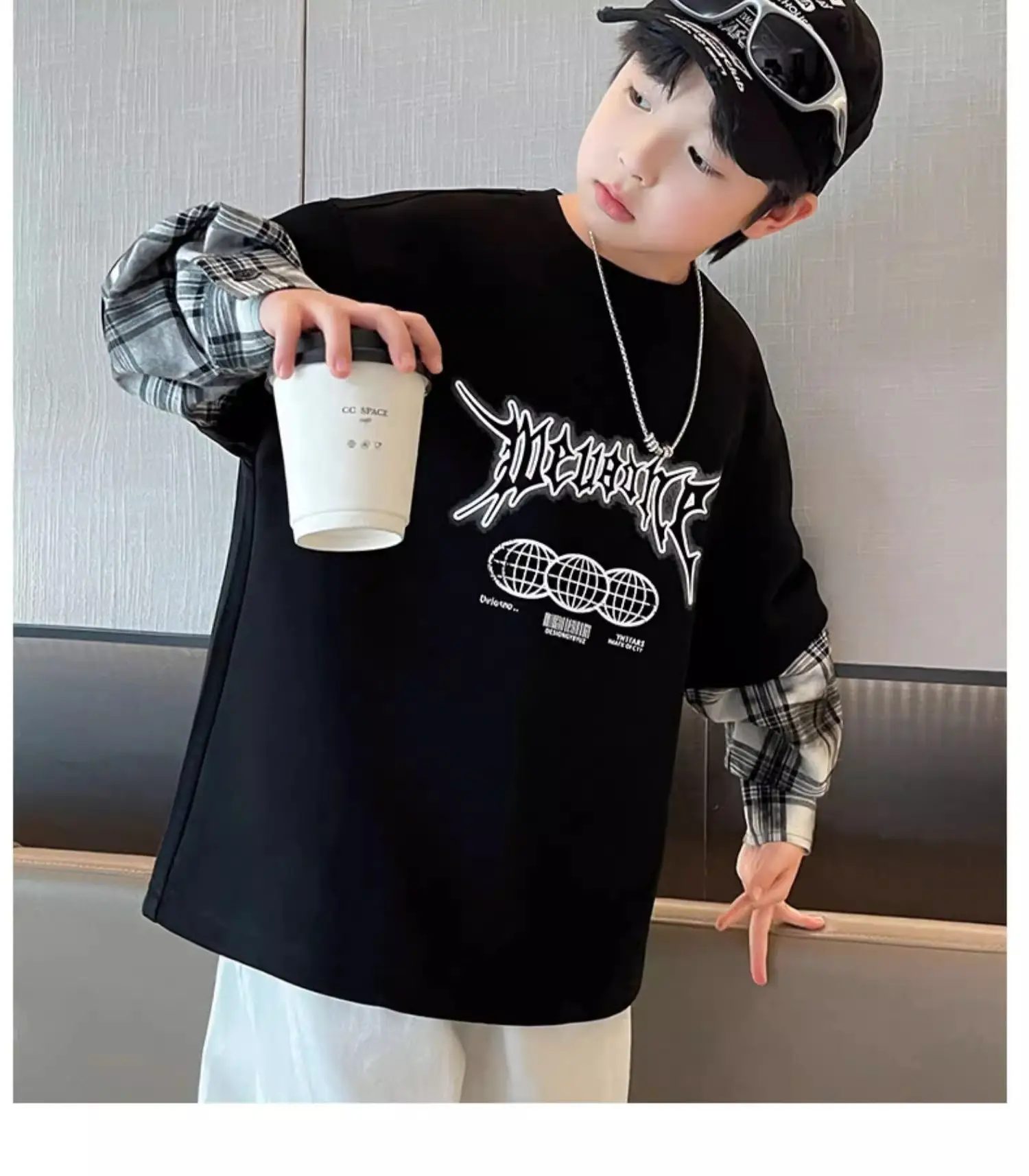 Boys Long Sleeve T-Shirt Grey Hip Hop Print — feature 18
