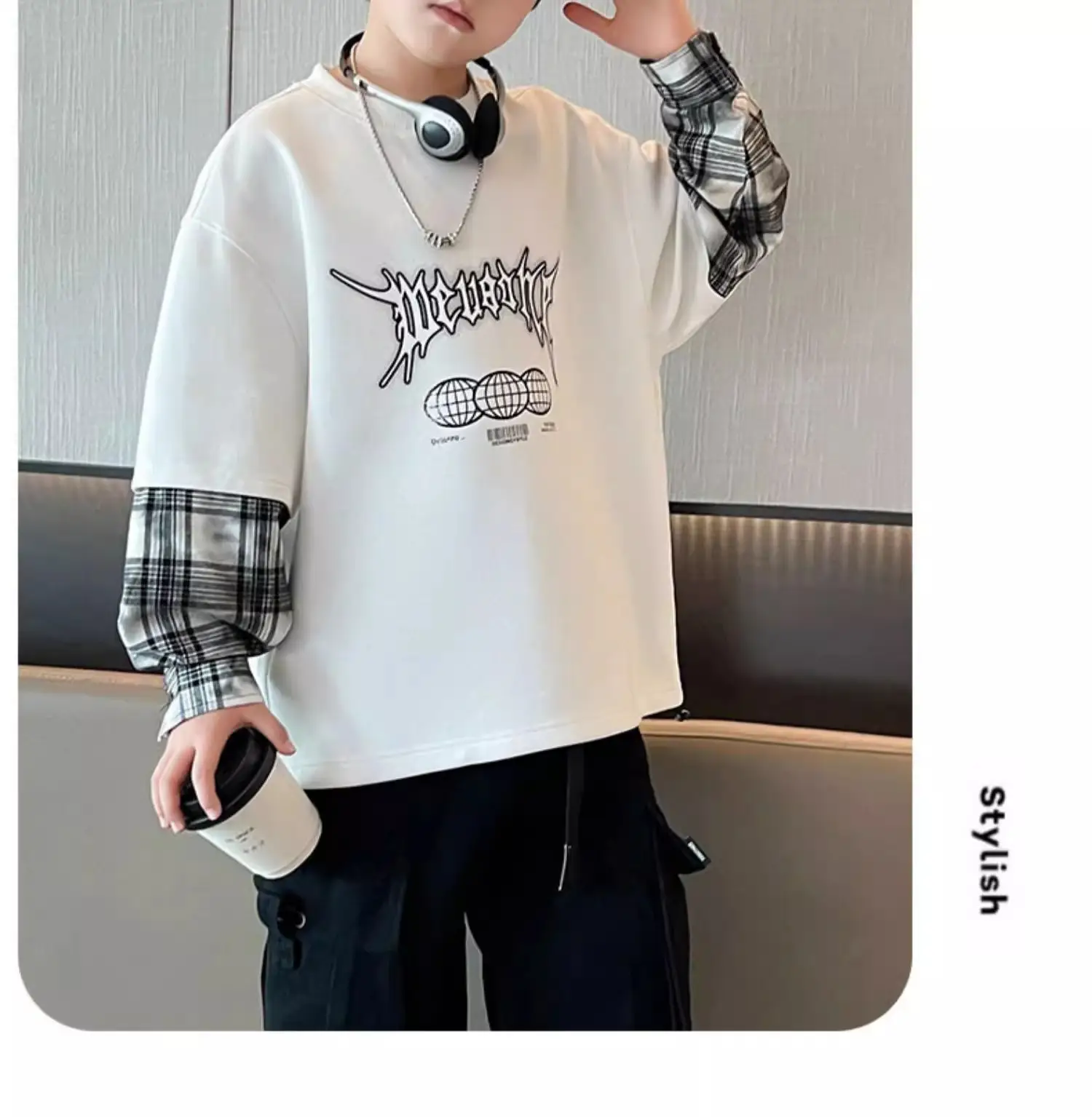 Boys Long Sleeve T-Shirt Grey Hip Hop Print — feature 9