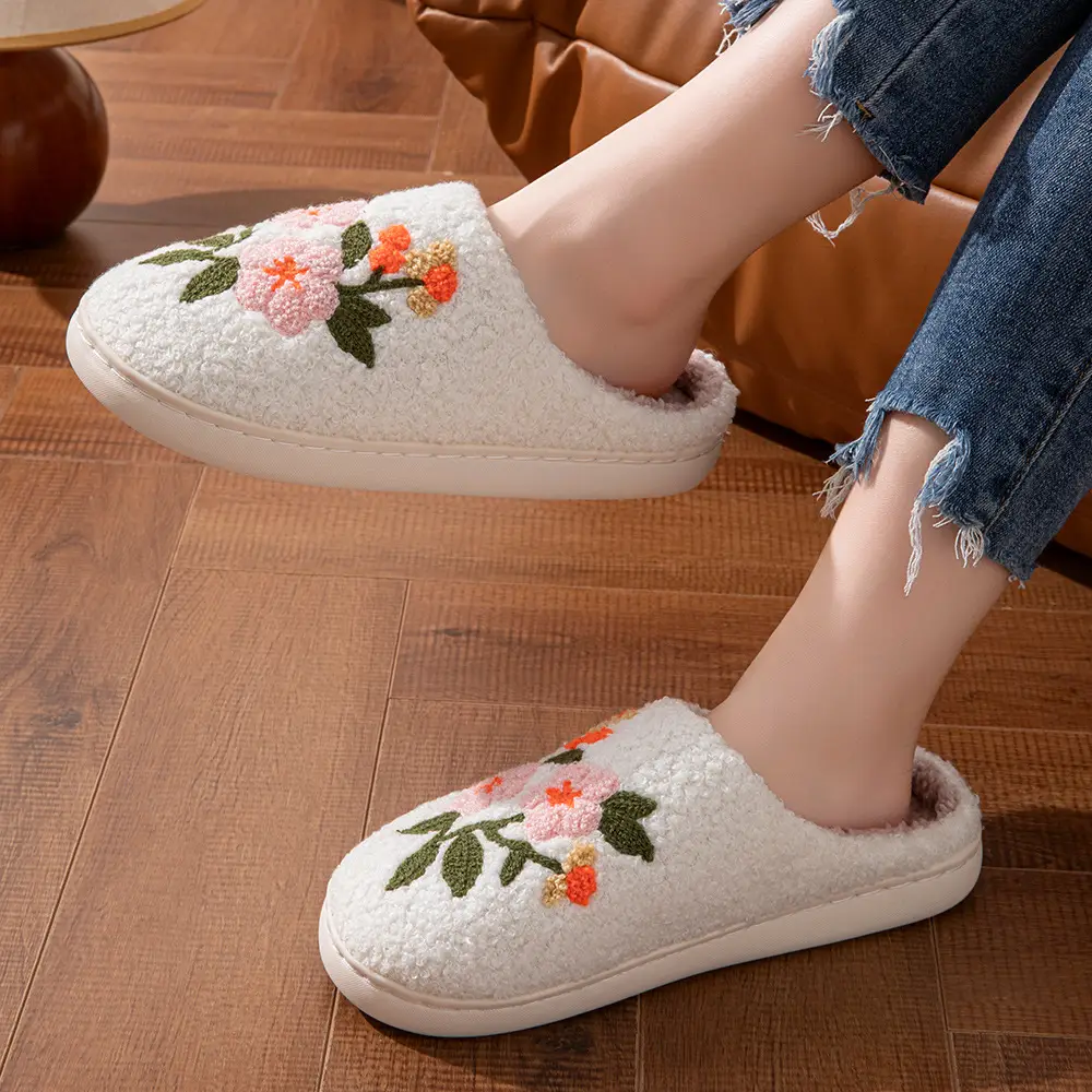 Cross-Border Embroidered Cotton Slippers for Women with Floral Designs, Autumn and Winter Fleece-Lined Warm Slippers for Couples, Dormitory Plush Slippers for Men, Wholesale — feature 5