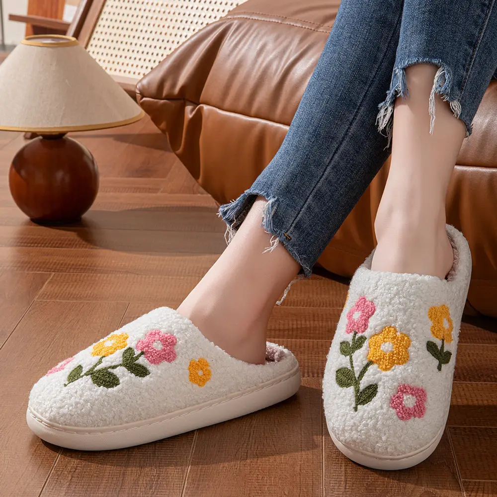 Cross-Border Embroidered Cotton Slippers for Women with Floral Designs, Autumn and Winter Fleece-Lined Warm Slippers for Couples, Dormitory Plush Slippers for Men, Wholesale — feature 6