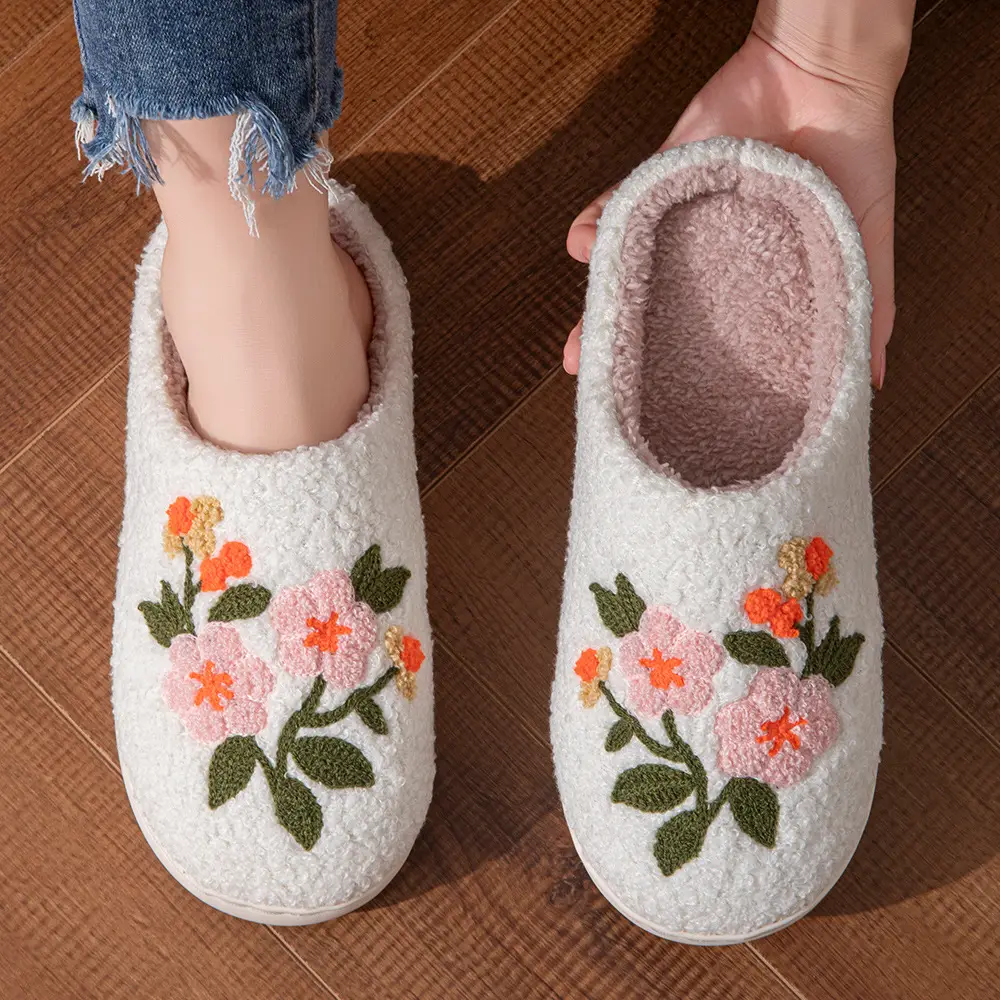 Cross-Border Embroidered Cotton Slippers for Women with Floral Designs, Autumn and Winter Fleece-Lined Warm Slippers for Couples, Dormitory Plush Slippers for Men, Wholesale — feature 8