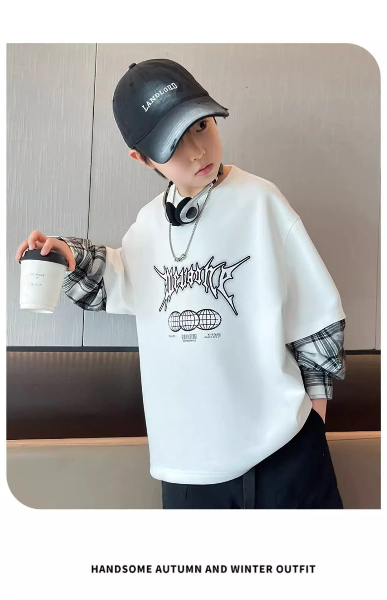 Boys Fake Two-Piece T-Shirts Grey Hip Hop Design — feature 10