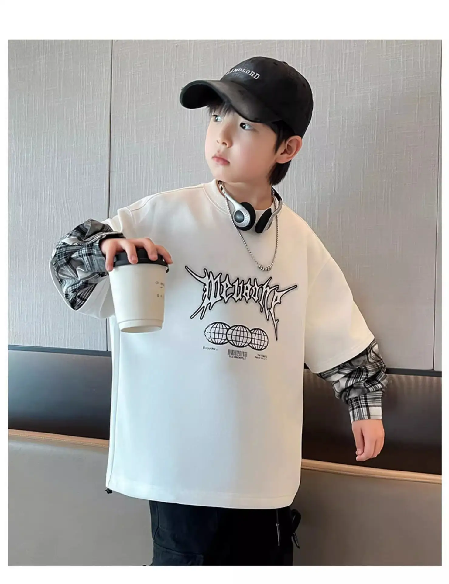 Boys Fake Two-Piece T-Shirts Grey Hip Hop Design — feature 11