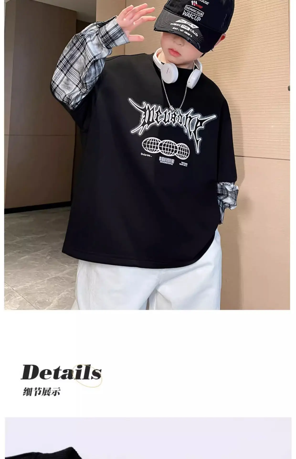 Boys Fake Two-Piece T-Shirts Grey Hip Hop Design — feature 21