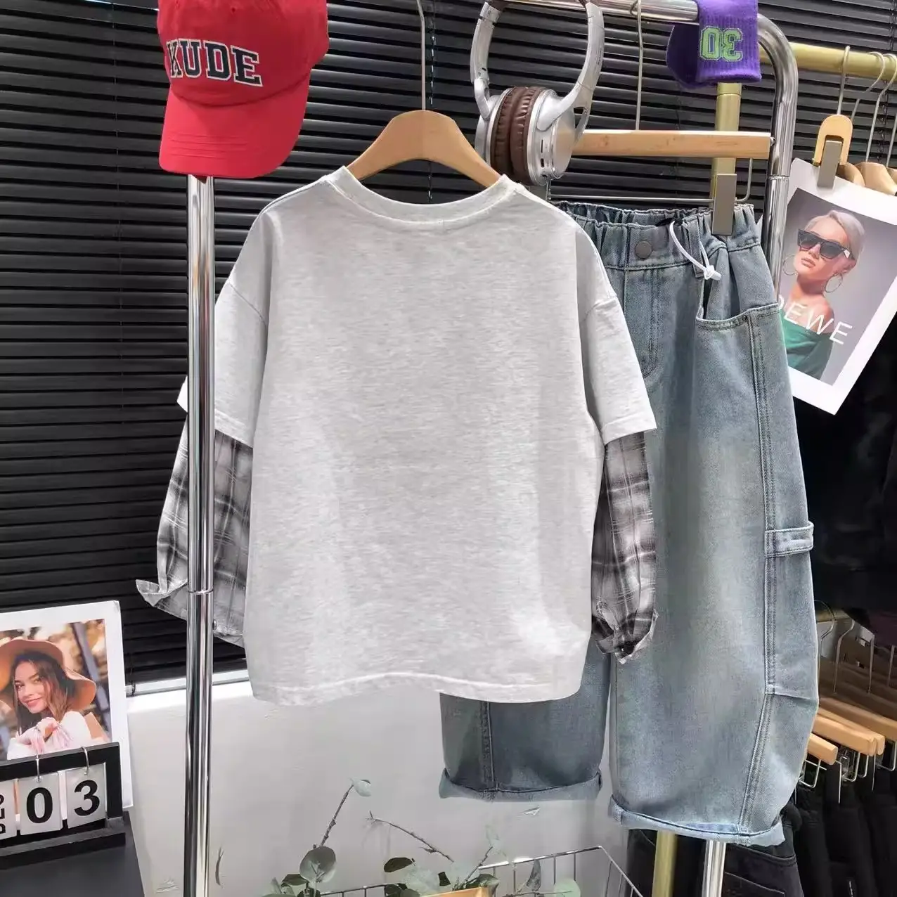 Boys Fake Two-Piece T-Shirts Grey Hip Hop Design — feature 3