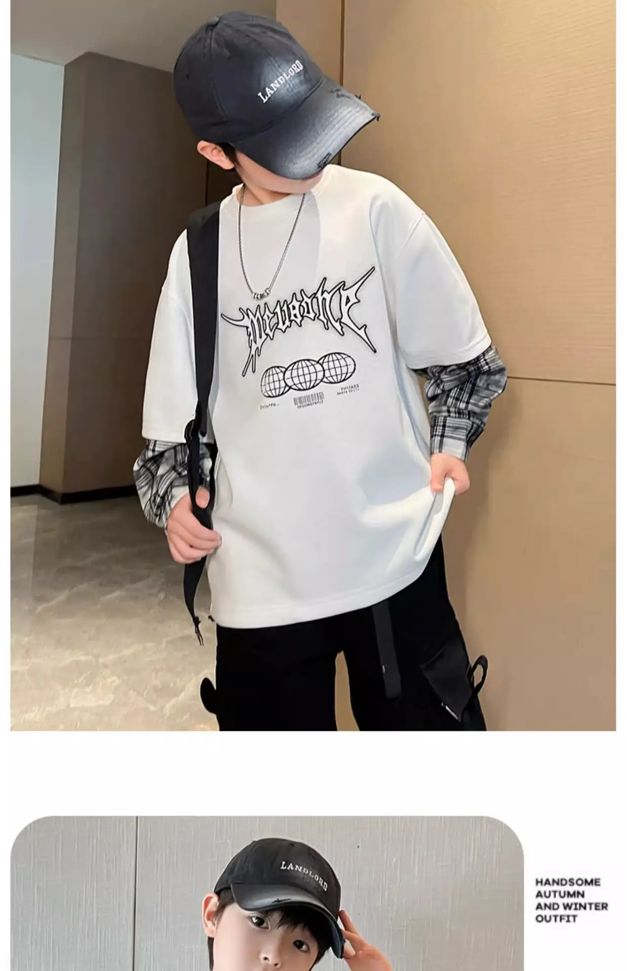 Boys Fake Two-Piece T-Shirts Grey Hip Hop Design — feature 8
