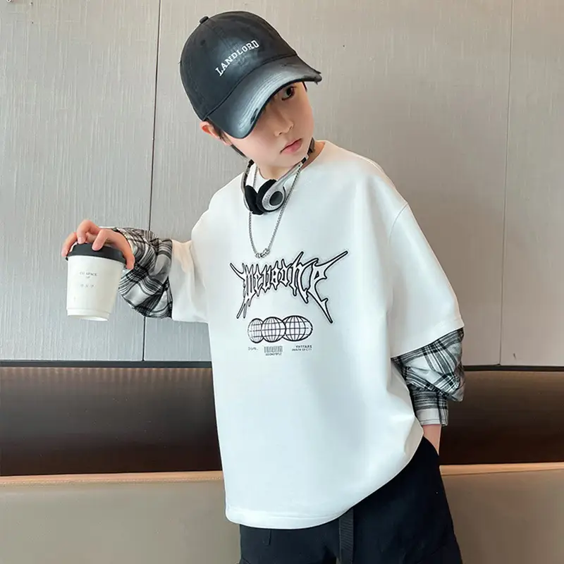 Boys Fake Two-Piece T-Shirts Grey Hip Hop Design