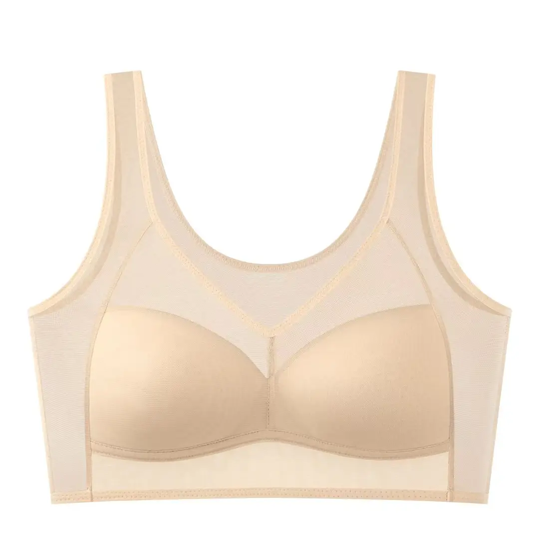 New Style Nude Mesh Vest, Breathable, Wire-Free, Push-Up, Breast-Retracting, Breathable Hole Molded Cup, Big Breasts, Small Bra for Women
