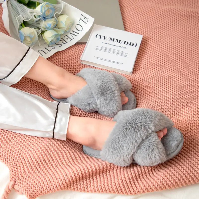 Winter Plush Cross-Strap Cotton Slippers European and American Non-Slip Indoor Soft-Soled Warm Furry Home Slippers for Women - Image 10