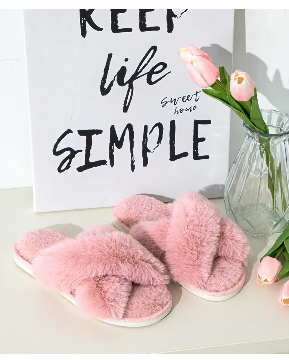 Winter Plush Cross-Strap Cotton Slippers European and American Non-Slip Indoor Soft-Soled Warm Furry Home Slippers for Women — feature 5
