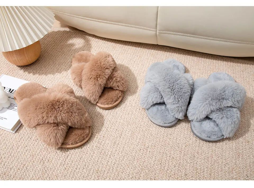 Winter Plush Cross-Strap Cotton Slippers European and American Non-Slip Indoor Soft-Soled Warm Furry Home Slippers for Women — feature 7