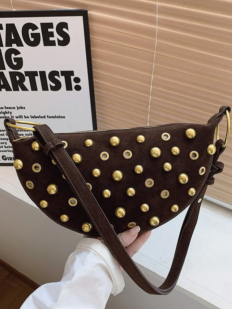 2025 Rivet Shoulder Bag Brown Leather with Gold Plated Studs - Image 4