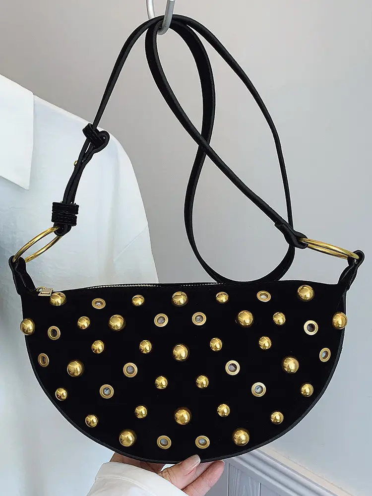 2025 Rivet Shoulder Bag Brown Leather with Gold Plated Studs - Image 5