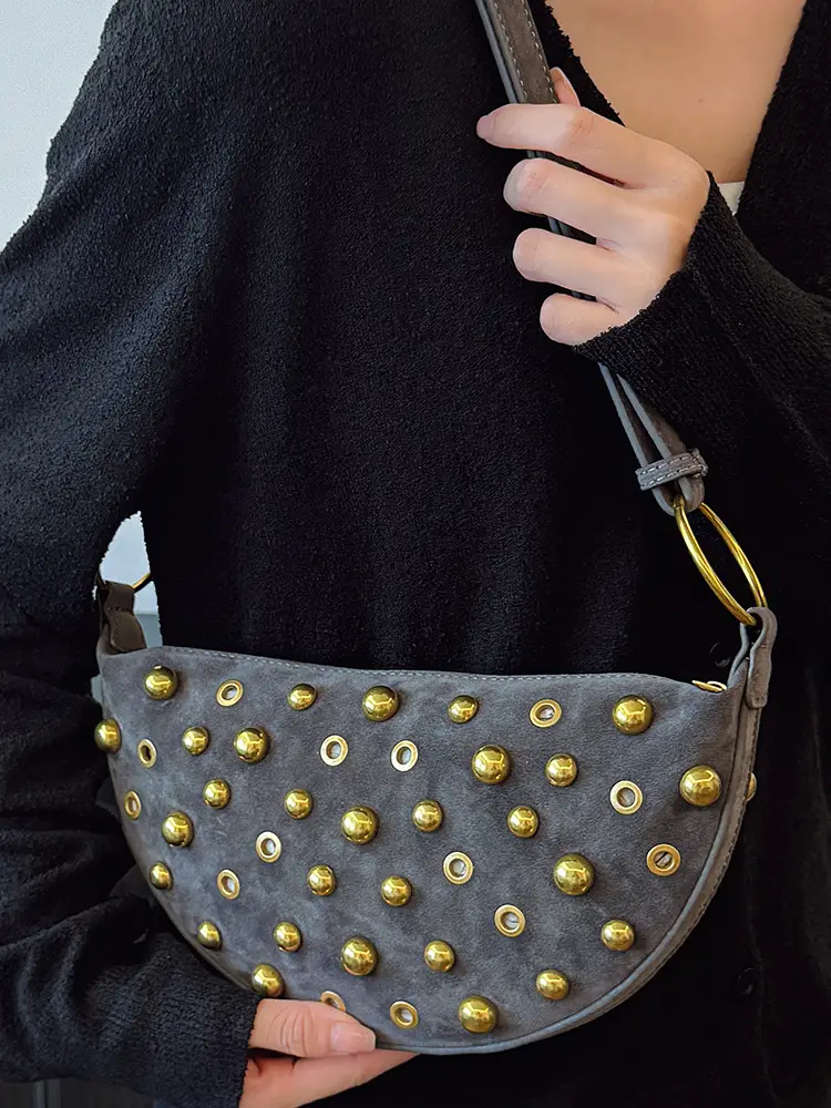 2025 Rivet Shoulder Bag Brown Leather with Gold Plated Studs - Image 6