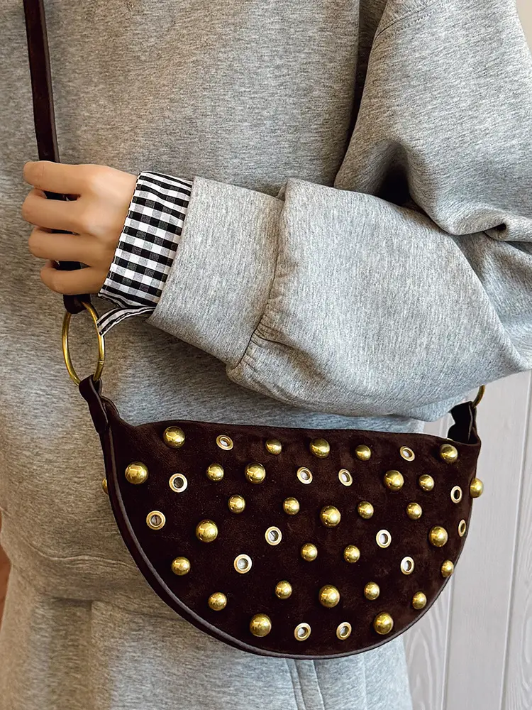 2025 Rivet Shoulder Bag Brown Leather with Gold Plated Studs - Image 7