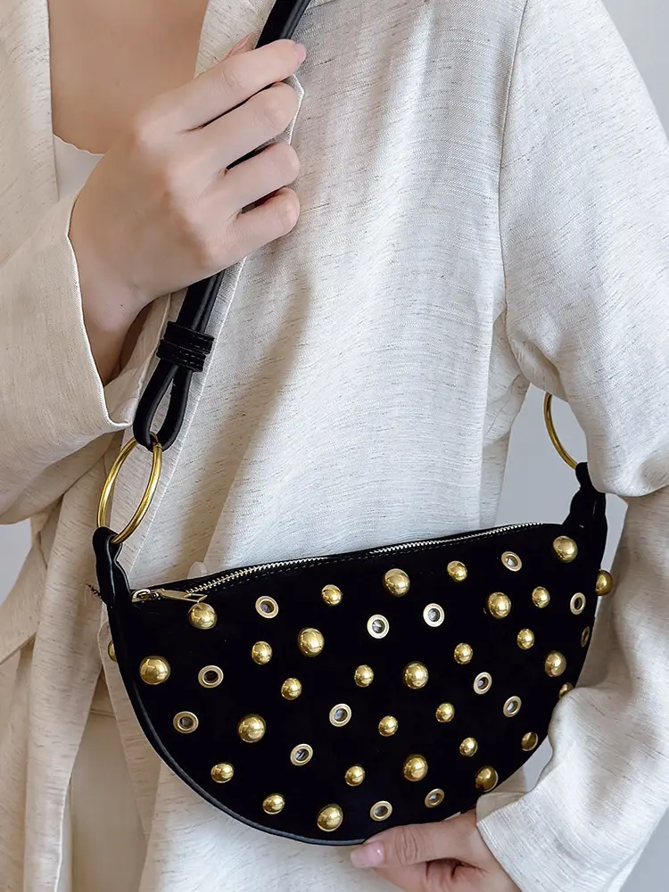 2025 Rivet Shoulder Bag Brown Leather with Gold Plated Studs - Image 8