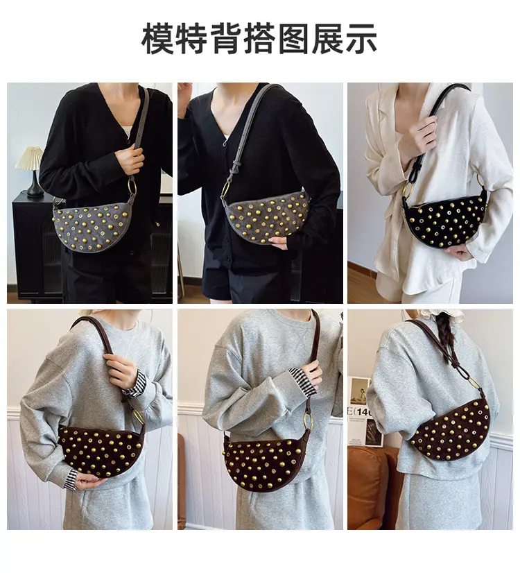2025 Rivet Shoulder Bag Brown Leather with Gold Plated Studs — feature 11