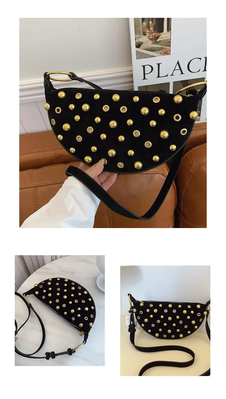 2025 Rivet Shoulder Bag Brown Leather with Gold Plated Studs — feature 12