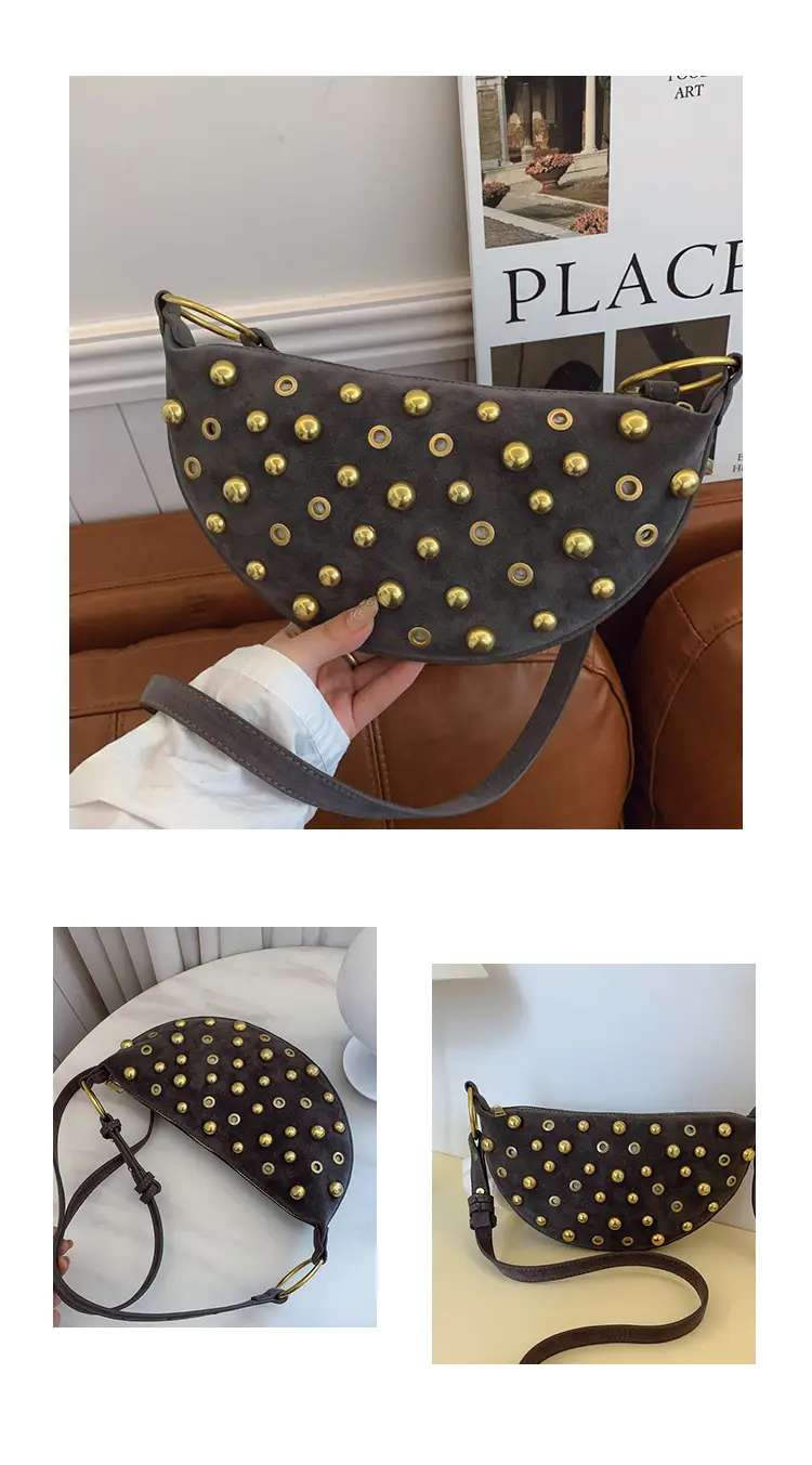2025 Rivet Shoulder Bag Brown Leather with Gold Plated Studs — feature 13