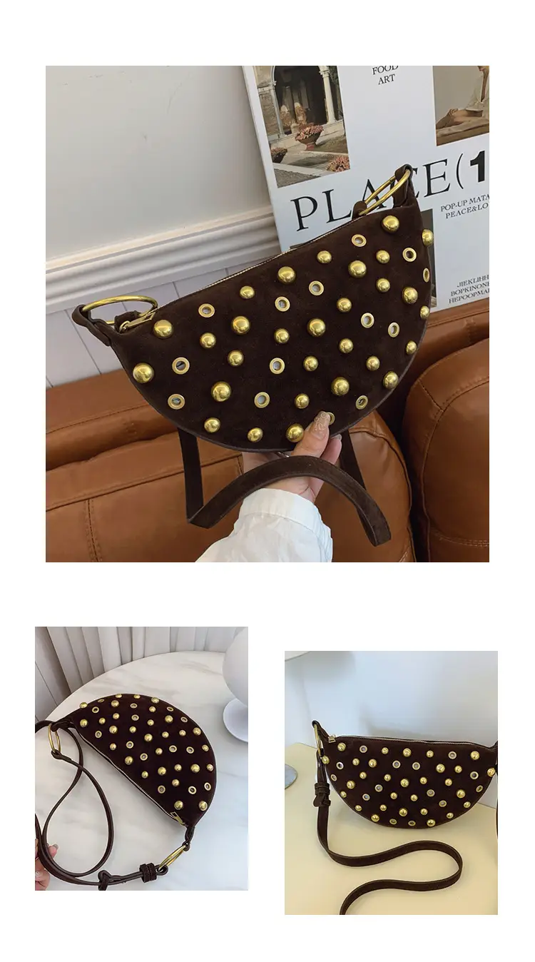 2025 Rivet Shoulder Bag Brown Leather with Gold Plated Studs — feature 14