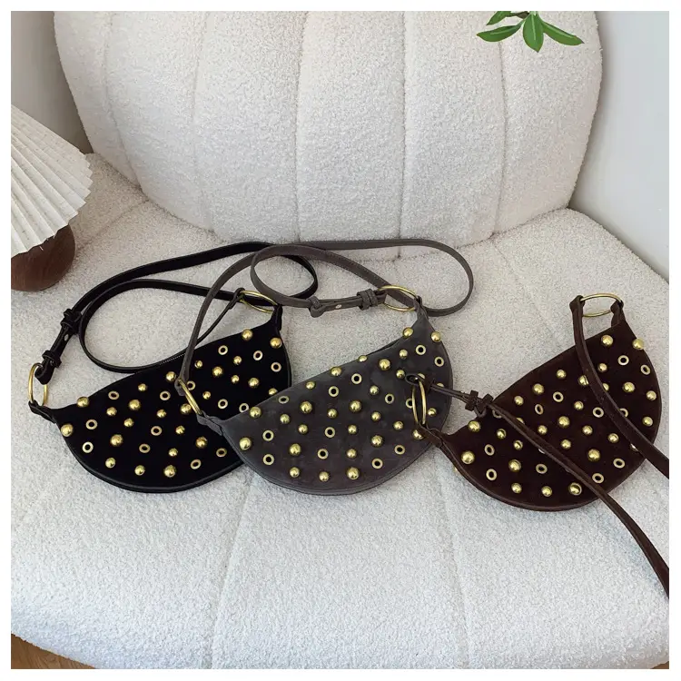 2025 Rivet Shoulder Bag Brown Leather with Gold Plated Studs — feature 15