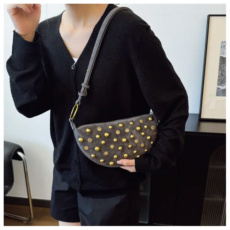 2025 Rivet Shoulder Bag Brown Leather with Gold Plated Studs — feature 16