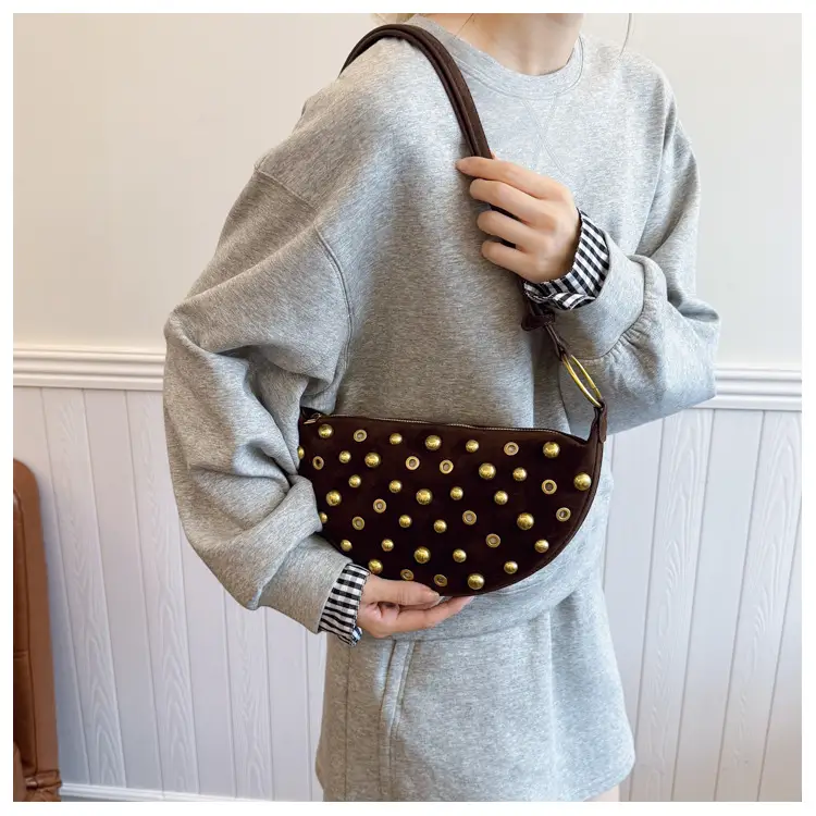 2025 Rivet Shoulder Bag Brown Leather with Gold Plated Studs — feature 18