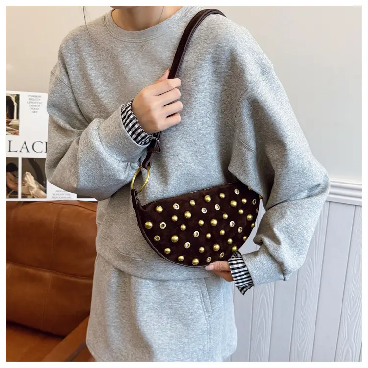 2025 Rivet Shoulder Bag Brown Leather with Gold Plated Studs — feature 19