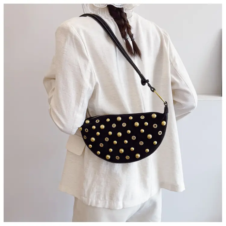 2025 Rivet Shoulder Bag Brown Leather with Gold Plated Studs — feature 21