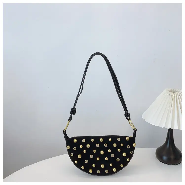 2025 Rivet Shoulder Bag Brown Leather with Gold Plated Studs — feature 22
