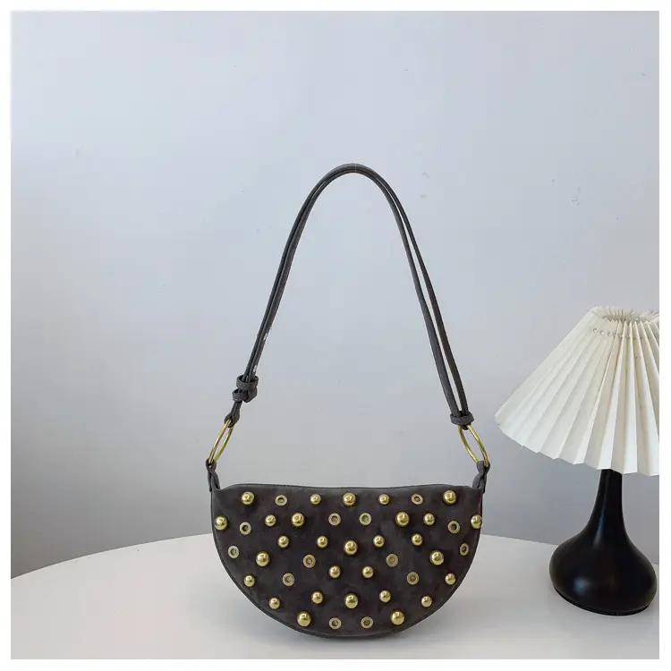 2025 Rivet Shoulder Bag Brown Leather with Gold Plated Studs — feature 23