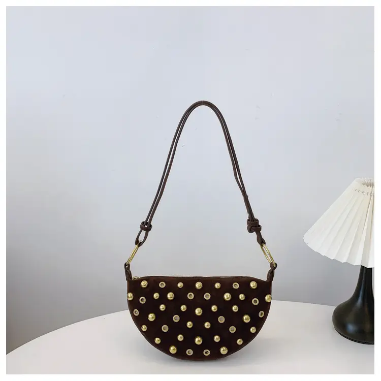 2025 Rivet Shoulder Bag Brown Leather with Gold Plated Studs — feature 24