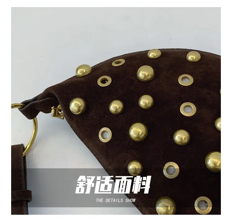 2025 Rivet Shoulder Bag Brown Leather with Gold Plated Studs — feature 6