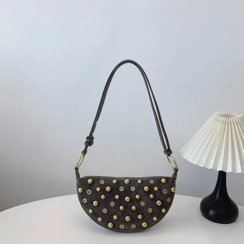 2025 Rivet Shoulder Bag Brown Leather with Gold Plated Studs