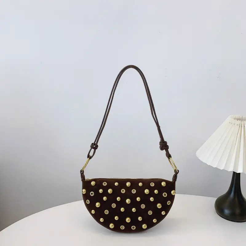 2025 Rivet Shoulder Bag Brown Leather with Gold Plated Studs - Image 2
