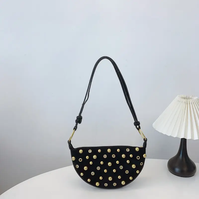 2025 Rivet Shoulder Bag Brown Leather with Gold Plated Studs - Image 3