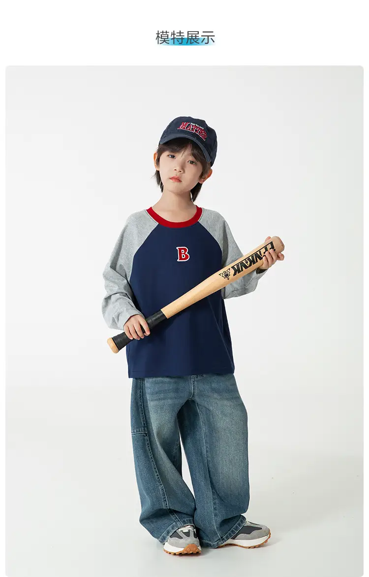 Boys Raglan Sleeve Cotton T-Shirt Blue Red — feature 8