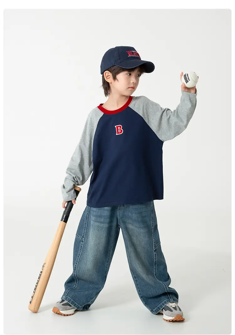 Boys Raglan Sleeve Cotton T-Shirt Blue Red — feature 9
