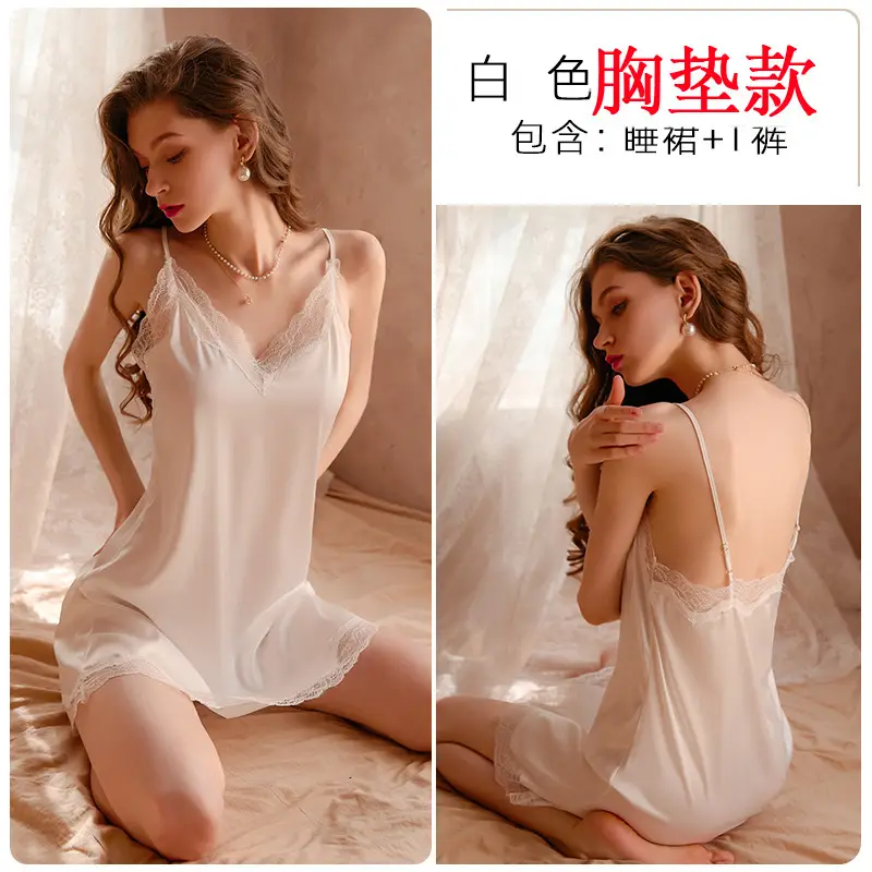 New Sexy Pajamas for Women, Lace Temptation, Spring & Fall Suspenders Including Nightgown, Summer Ice Silk Thin Skirt, Complete Set Ll76