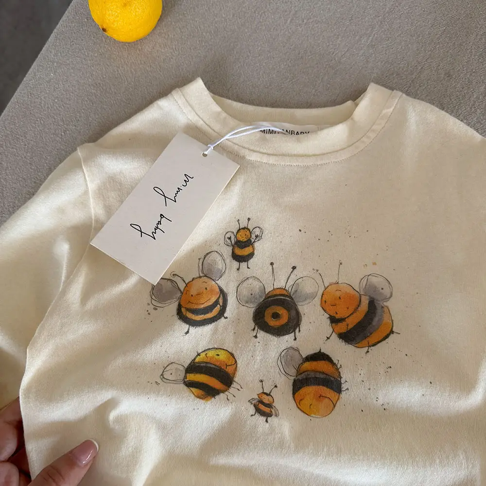 Girls Cartoon T-Shirt Cream 2025 Spring Fall - Image 2