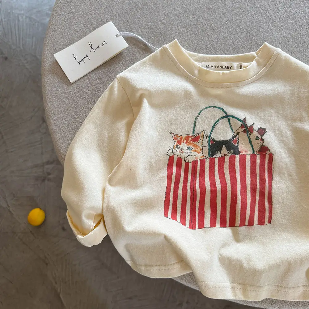 Girls Cartoon T-Shirt Cream 2025 Spring Fall - Image 3