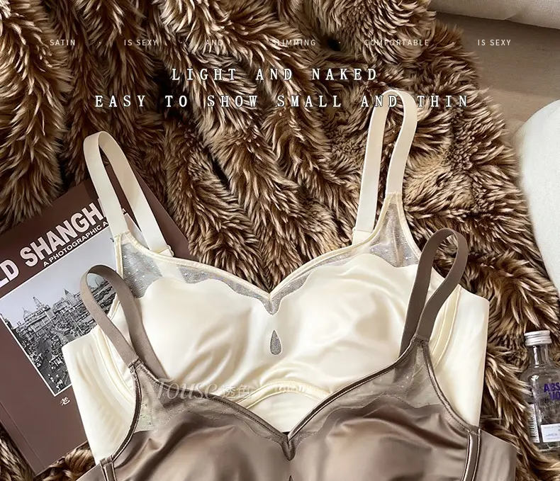 Satin French Ultra-Thin Large-Breasted and Small-Breasted Intimates, Feminine Mesh Thin Anti-Sagging Wire-Free Bra — feature 1